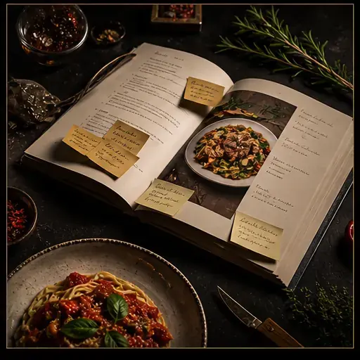 Open cookbook with notes and spices