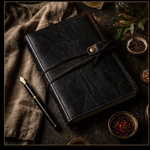 Recipe journal and pen on a dark counter